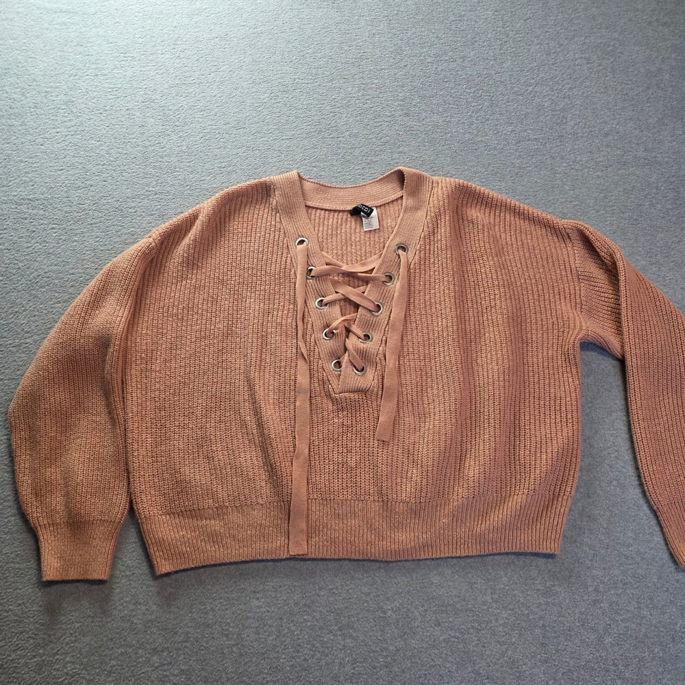 H&M Divided Lace Up Knit Sweater Womens M Dusty Rose Corset Pullover Y2k Boho